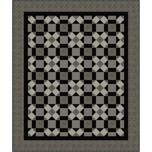 Checkered pattern quilt with black, gray, and white colors on a plain background