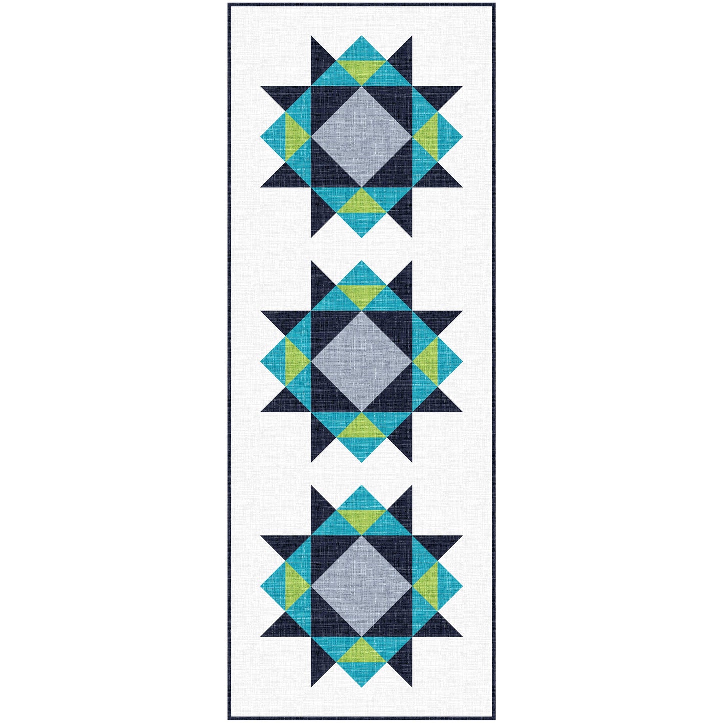 Quilted table runner with geometric pattern on a white background
