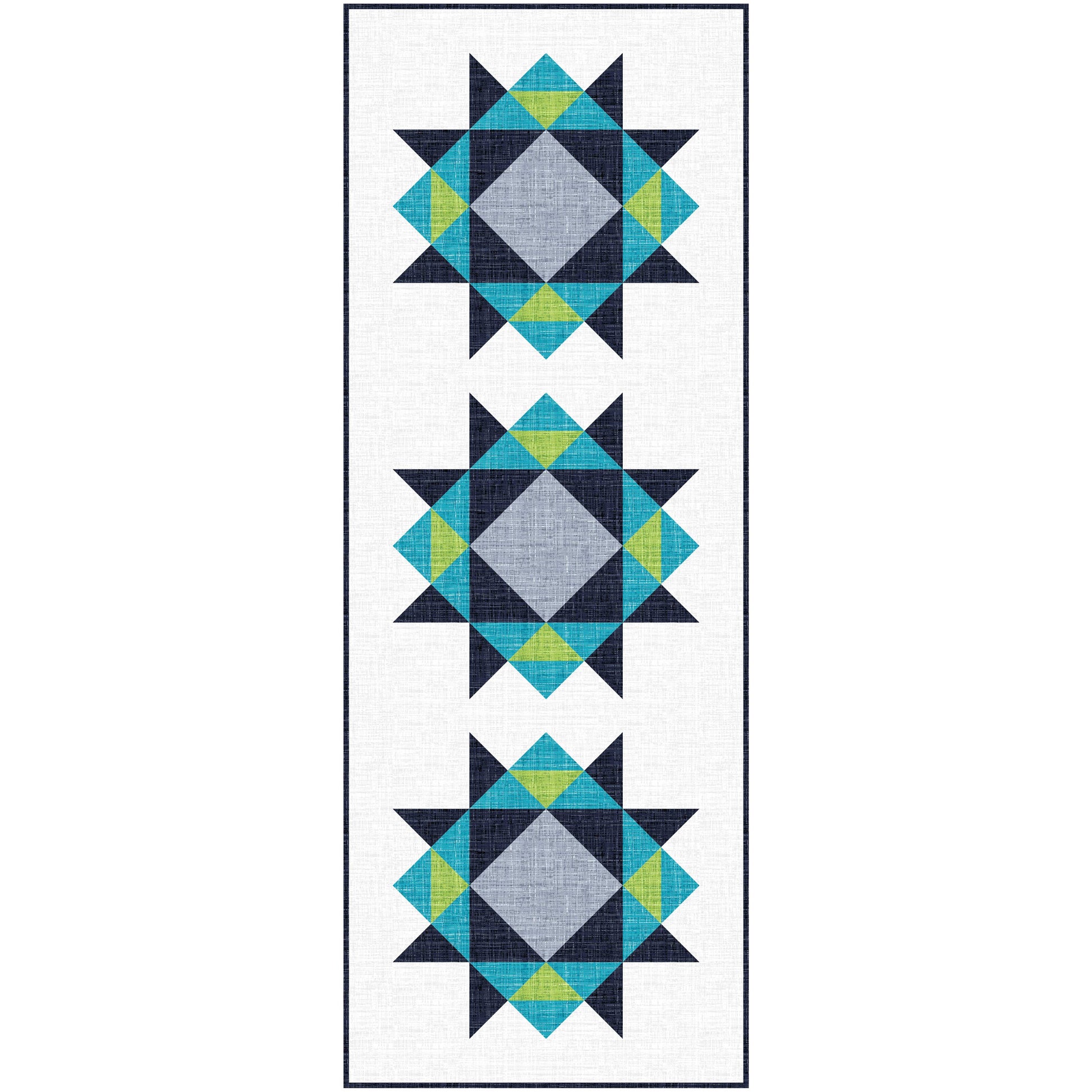 Quilted table runner with geometric pattern on a white background