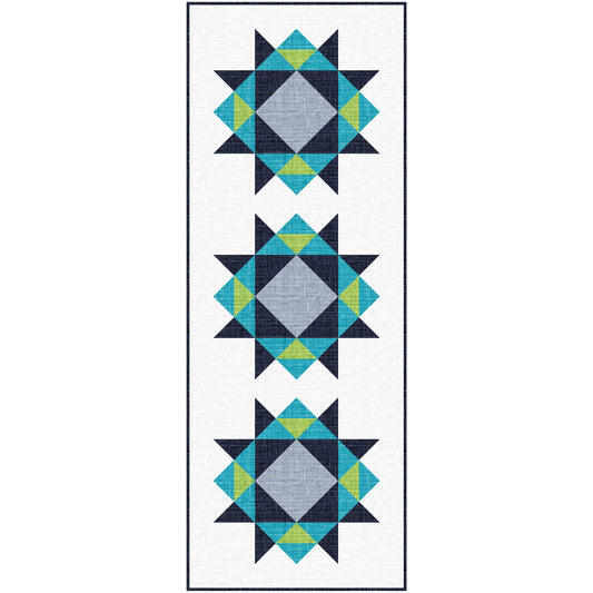Quilted table runner with geometric pattern on a white background