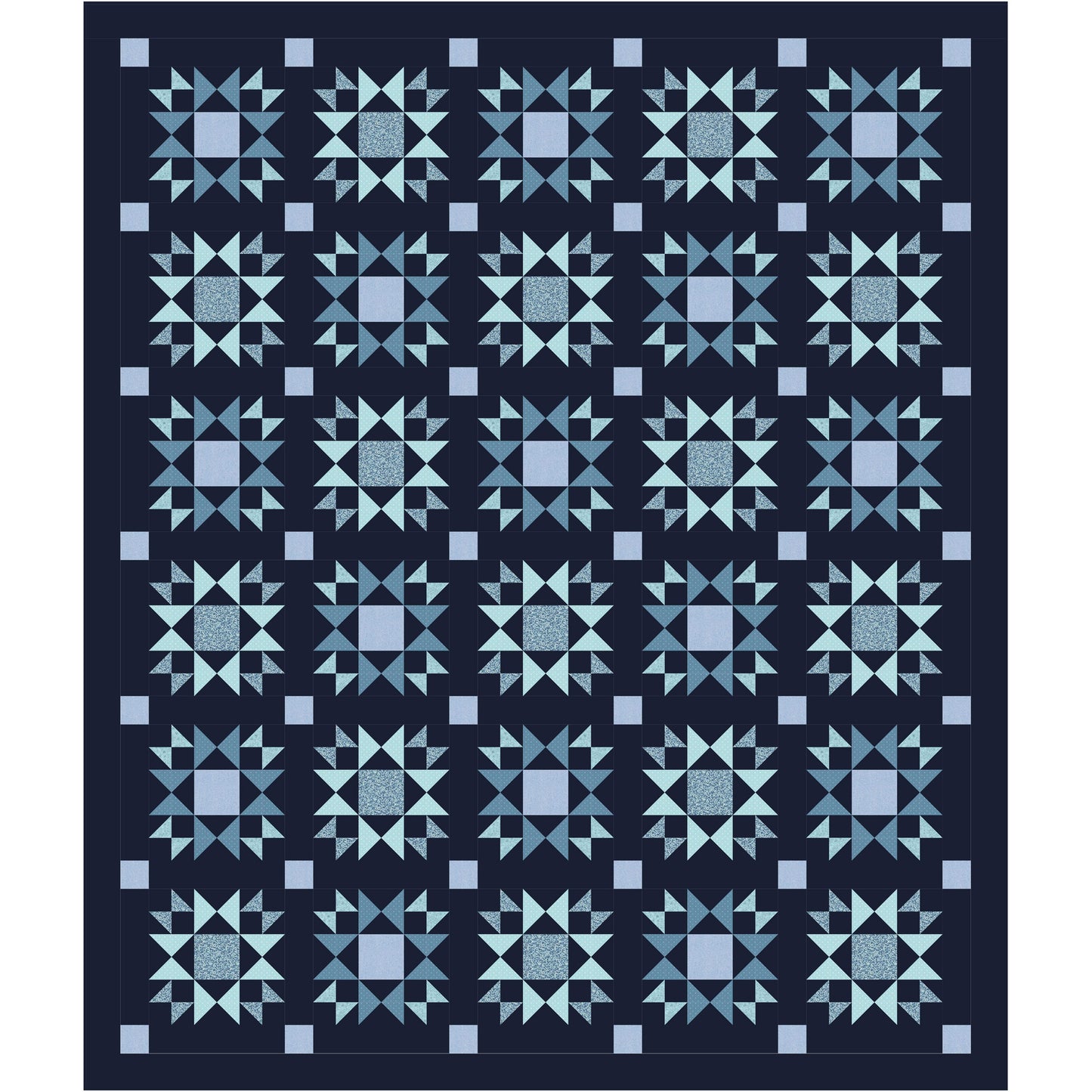 Quilt with blue geometric pattern on a dark background