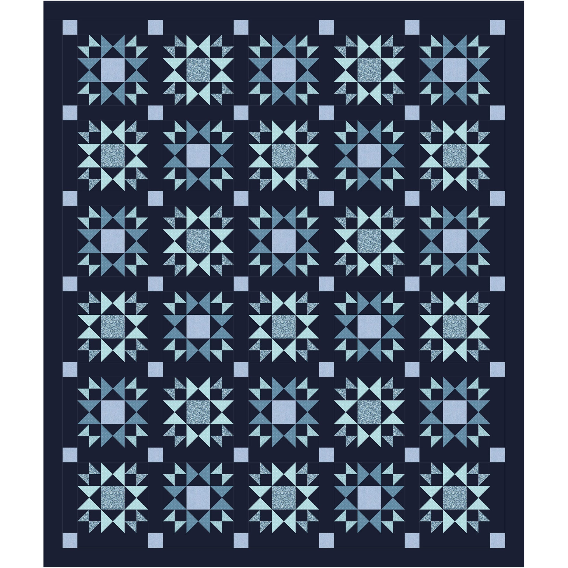 Quilt with blue geometric pattern on a dark background