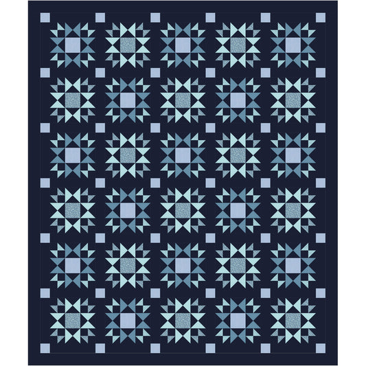 Quilt with blue geometric pattern on a dark background