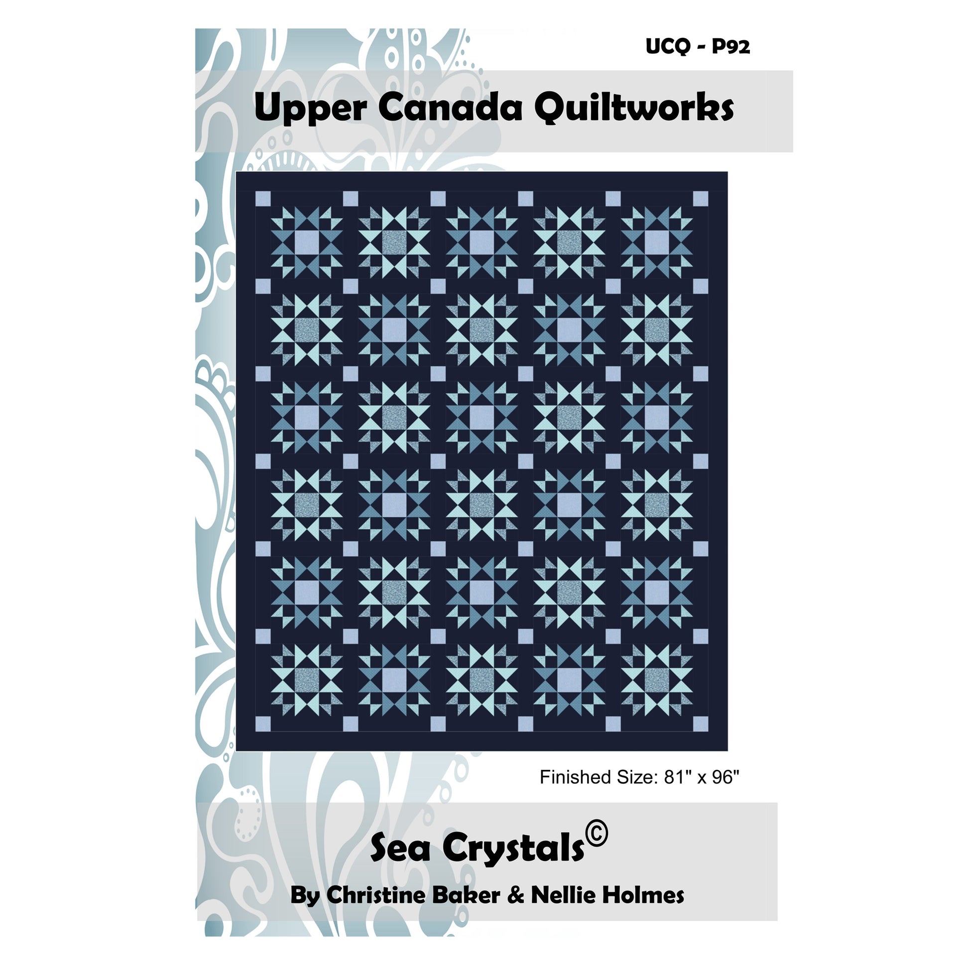 Quilt pattern packaging for 'Sea Crystals' by Upper Canada Quiltworks with quilt design and dimensions.