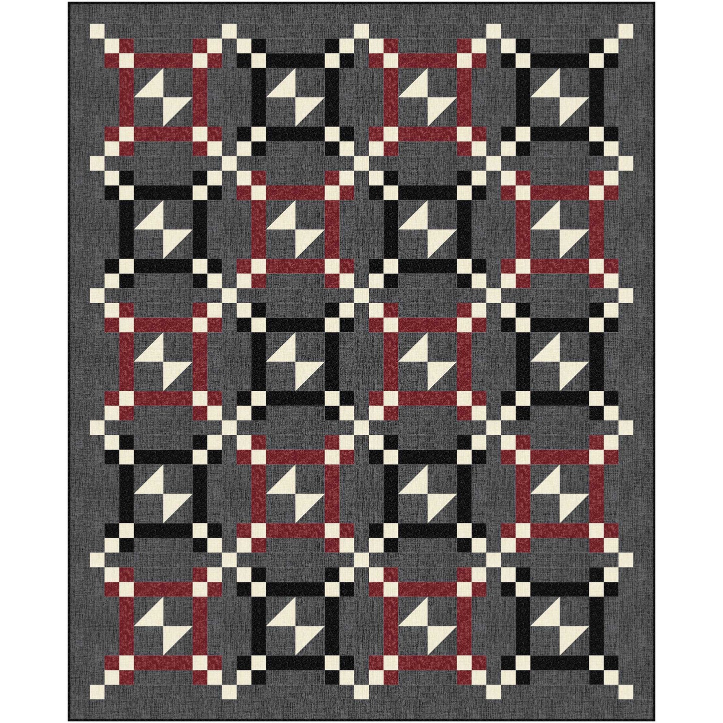 Fun and Funky quilt featuring half square triangle blocks that give the impression of bow ties in frames. 