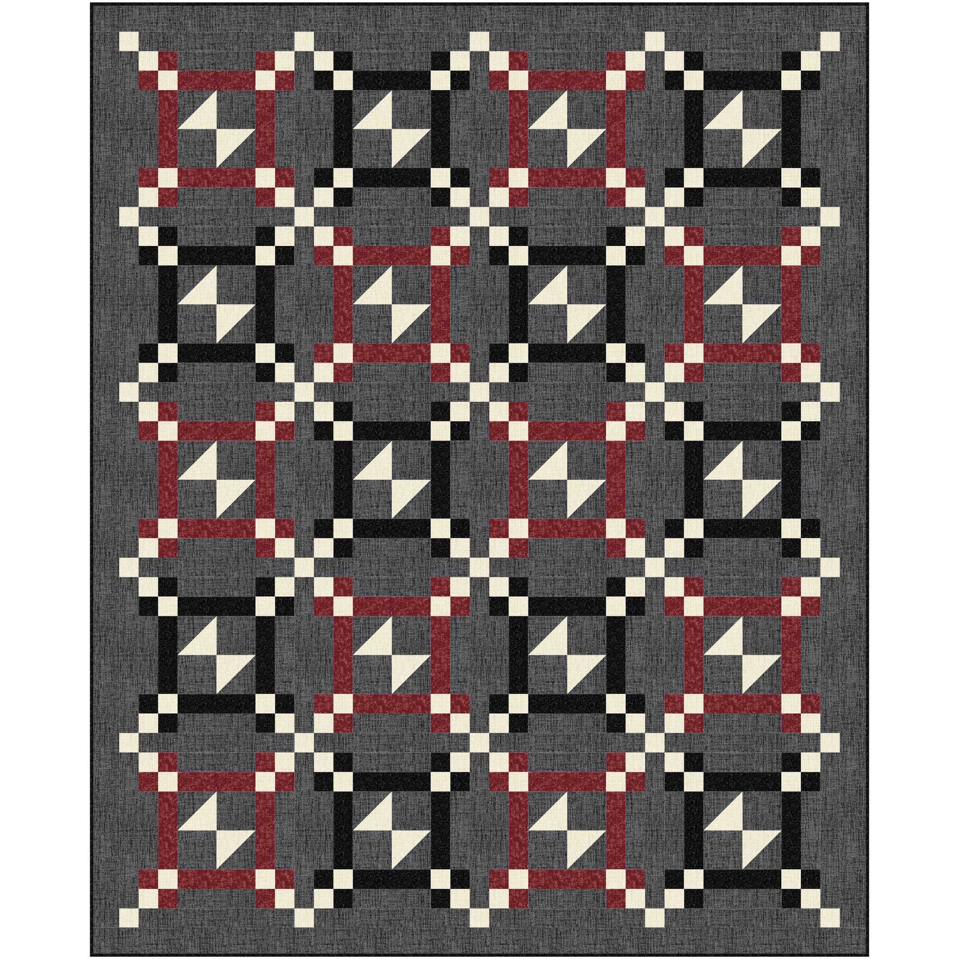 Fun and Funky quilt featuring half square triangle blocks that give the impression of bow ties in frames. 