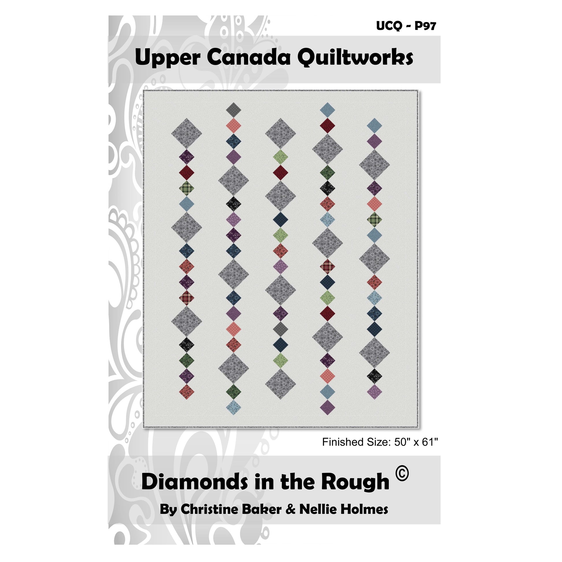 Quilt pattern cover for 'Diamonds in the Rough' by Upper Canada Quiltworks with quilt design and dimensions.