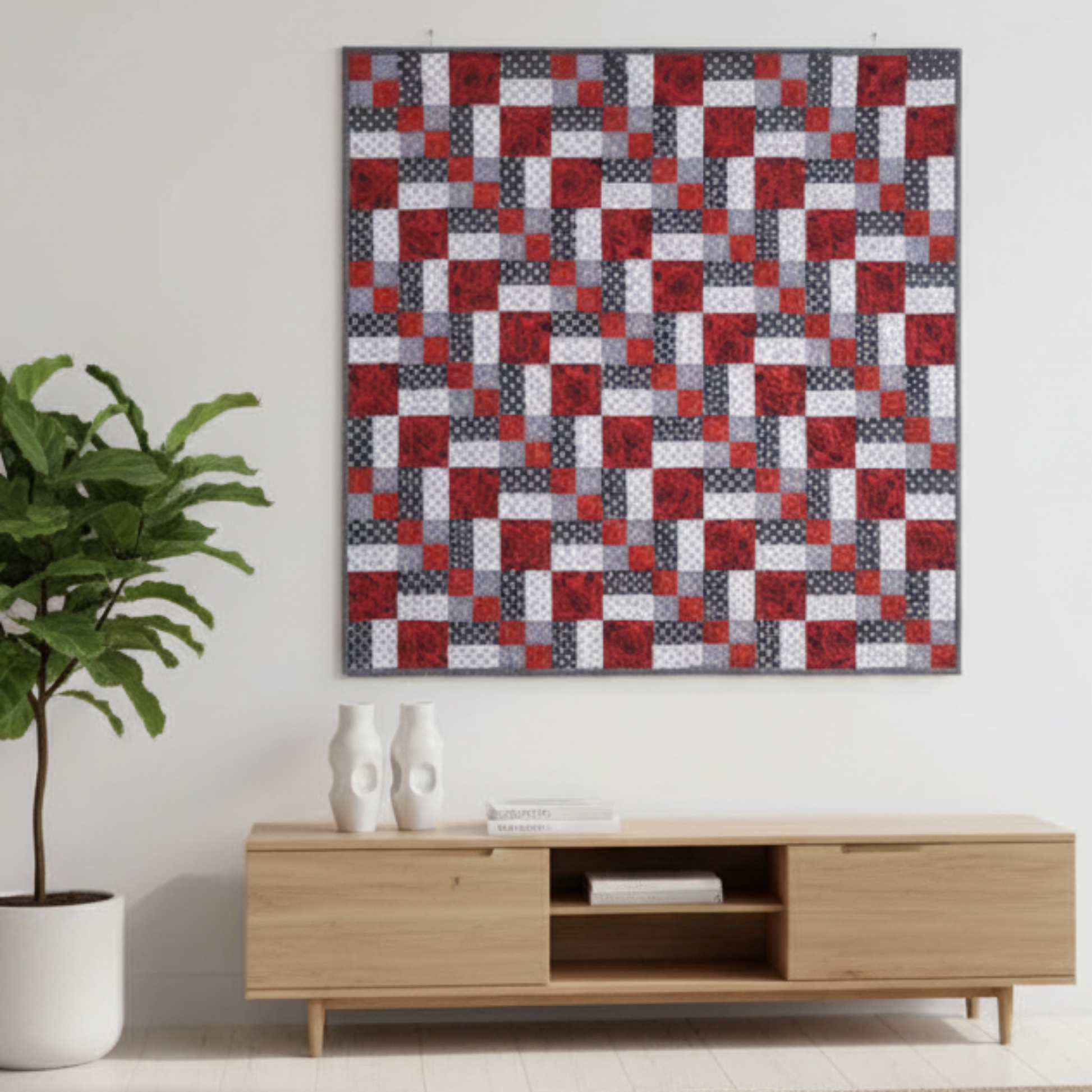 Modern living room with a geometric patterned painting on the wall, a gray sofa, and a wooden cabinet.