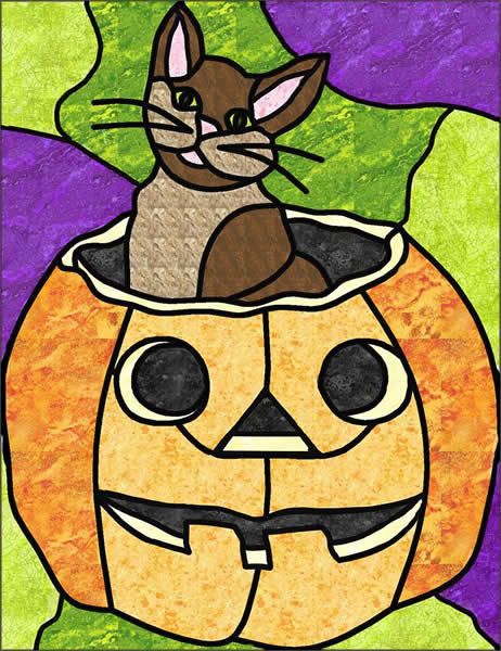 Pumpkin and Cat Stained Glass Quilt PES-105e - Downloadable Pattern