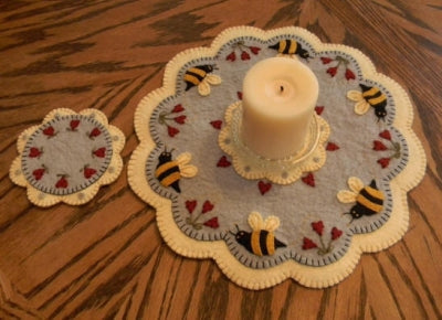 Bee My Honey Bee Penny Rug Candle Mat with Coaster PLP-144e - Downloadable Pattern